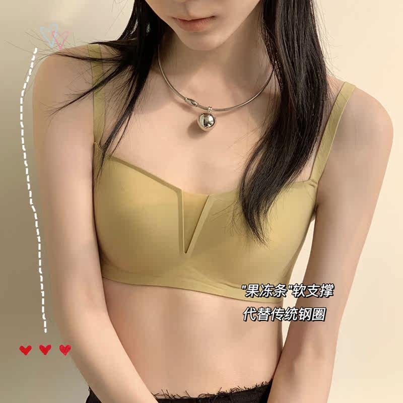 Spring and summer new underwear women's Japanese jelly strips without steel rings gathered breasts girls small chest seamless underwear black powder green