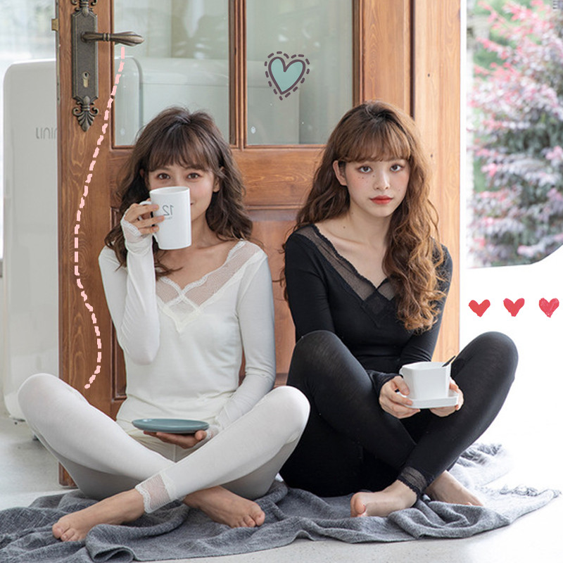 Autumn and winter bottoming shirt women's suit V-neck thin fever single piece lace no fleece underwear autumn clothes sanitary pants inner top top D