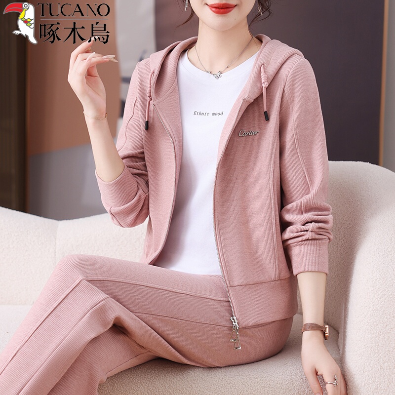Woodpecker Women's Fashion Straight-Leg Pants Set 2025 Spring and Autumn New Sweatshirt Jacket Casual Sportswear Two-Piece Set