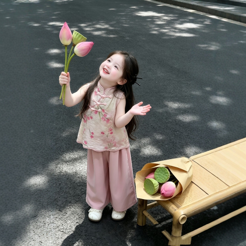 Girls' New Chinese-Style Tops 2026 Summer New Children's Buttoned Stand-Collar Printed Hanfu Cute Baby Qipao Shirt