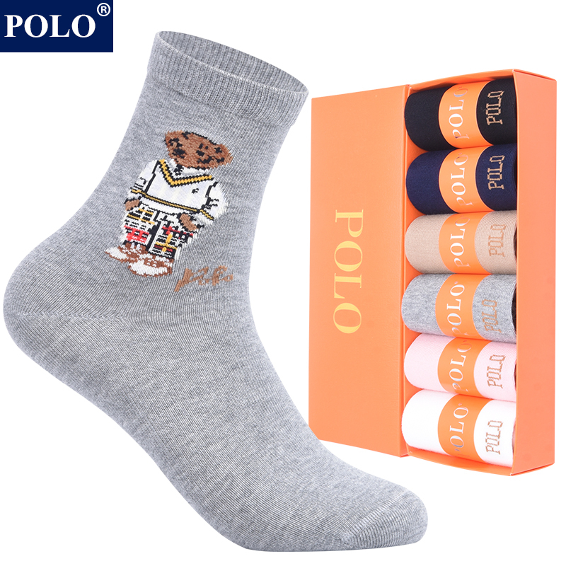 Polo Socks for Women, Pure Cotton Mid-Calf Socks, Autumn and Winter New Style, Deodorant, Sweat-Absorbent, Seamless, Cute Cartoon Design, Seamless Gift Box Socks