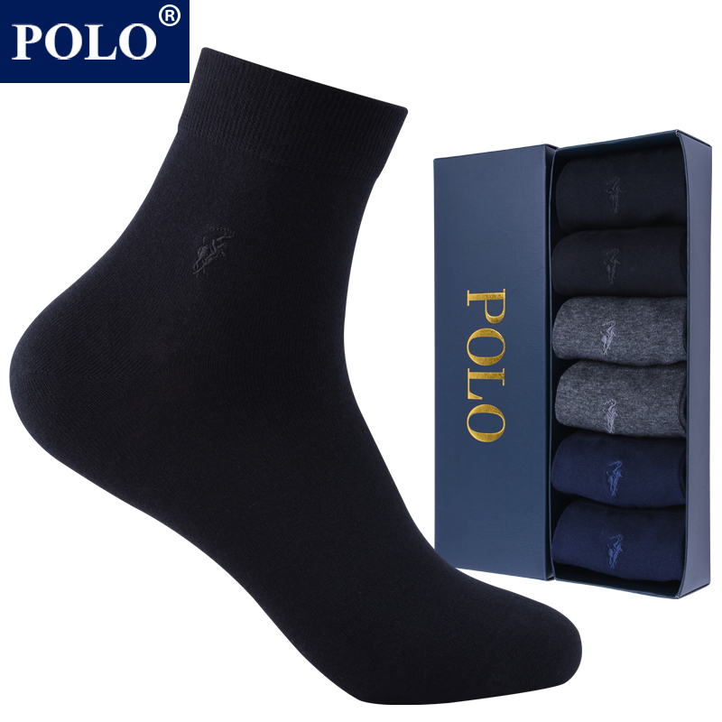 Polo Genuine Cotton Socks for Men, Pure Cotton, Deodorant, Summer Thin Style, Solid Color Mid-Calf Socks, Sweat-Absorbent, Black Business Long Socks