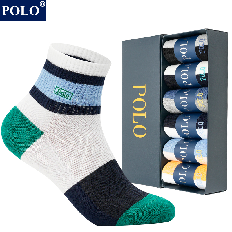 Polo Socks Men's Spring and Summer Pure Cotton Mid-Calf Socks Mesh Breathable Anti-Odor Sweat-Absorbent Thin Sports Socks Gift Box