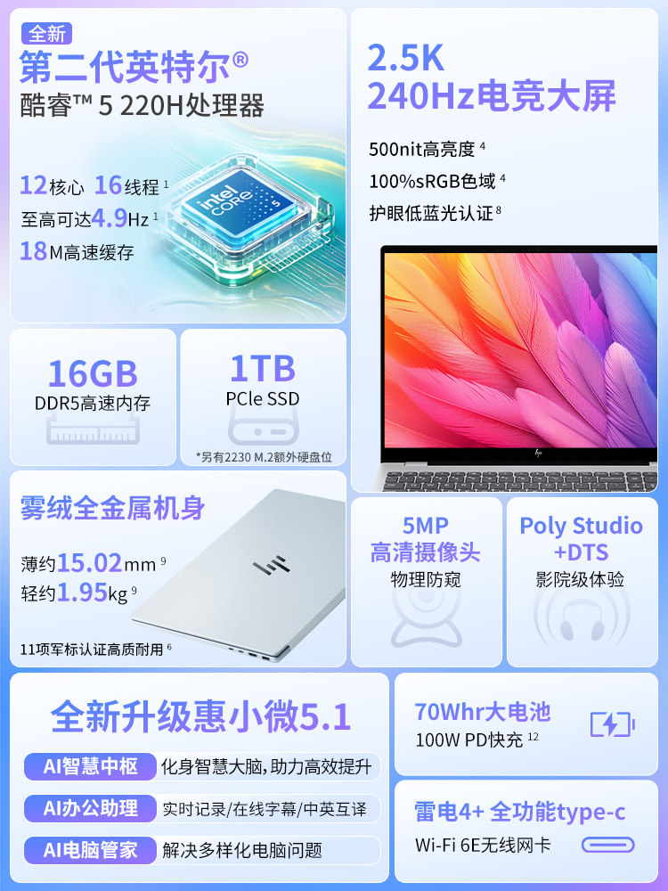 Hp/Hp Star Book Pro 16 Optional Intel Core 7 2.5K 240Hz Hp Laptop Thin and Light Portable Business Office Notebook Official Store