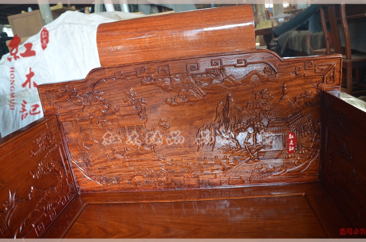 Gỗ hồng mộc Miến Điện hai mặt chạm khắc ghế sofa phong cảnh bộ 6 đồ nội thất bằng gỗ gụ Đông Hưng gỗ gụ - Bộ đồ nội thất ghế gấp thông minh