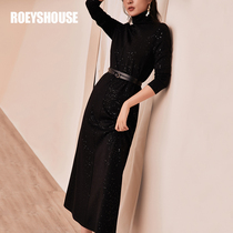 Luo Yi temperament warm dress womens autumn and winter new black high collar slim stretch knitted base dress 6419
