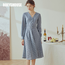 Rocoat elegant blue hollowed-out one-piece dress lady new retro lantern sleeveless female lace mid-length dress 02640