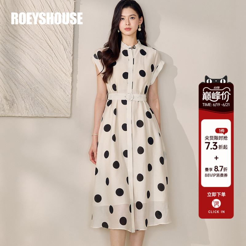 Elegant Workplace Polka Dot Shirt Dress for Women, Summer Vintage Commuter Dress with Sleeves and Tie, Mid-Length Dress 12369