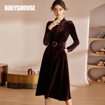 Roetian Goose Down Small Selfie With Dress 2020 Winter Dress New Dark Curry Warm Velvet Big Swing Dress 03316