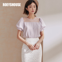 Rocoat Elegant Mesh Yarn Splicing Shirt Woman Summer Dress New Temperament Commute Shirt Purple Short Sleeve Blouse 02323