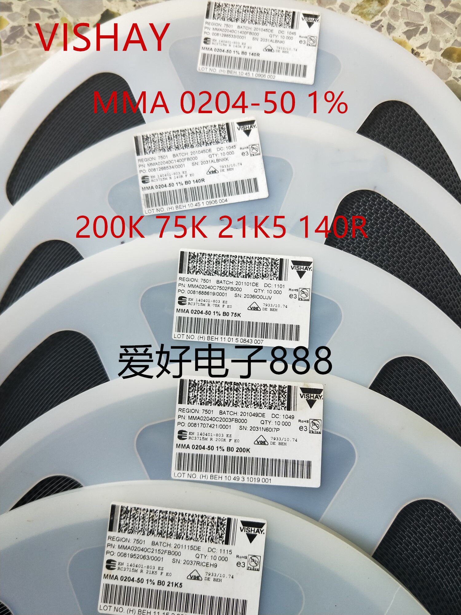 VISHAY SMD Cylindrical Resistor MMA 0204 -50 1% B0 200K 75K 21K5 140R