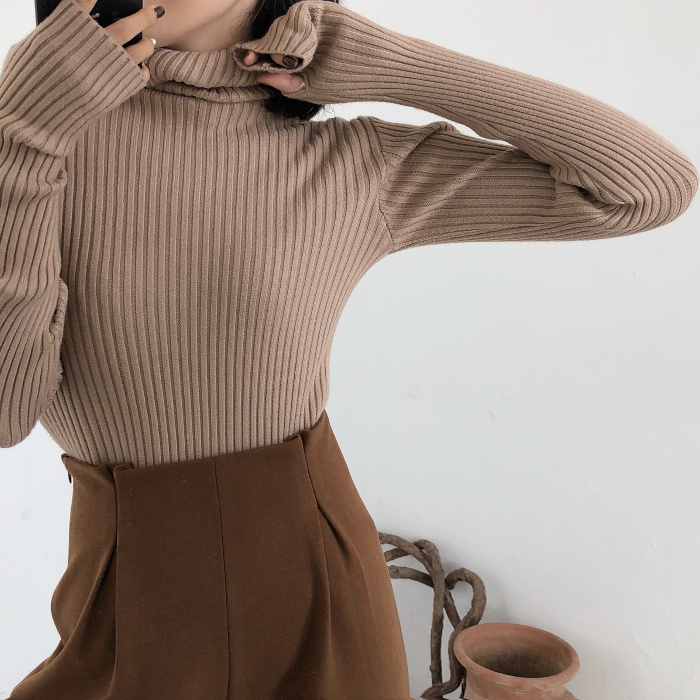 UNITY mùa thu và mùa đông mới cơ bản linh hoạt tự trồng rắn màu cao cổ áo len đáy áo cardigan nữ hàn quốc