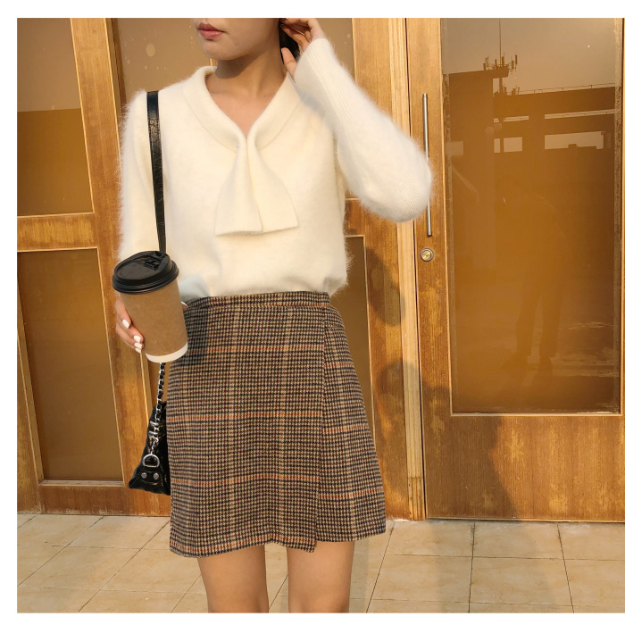 SỮA LUXURY mùa thu đông mới thời trang retro văn học đính cườm cà vạt nhung nước đan áo len cao cổ nữ hàn quốc