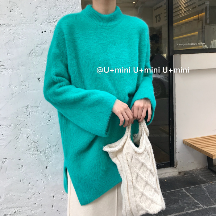 U + MINI mùa đông mới thời trang đa năng chẻ đôi áo len nhung dày dài áo len nữ mỏng
