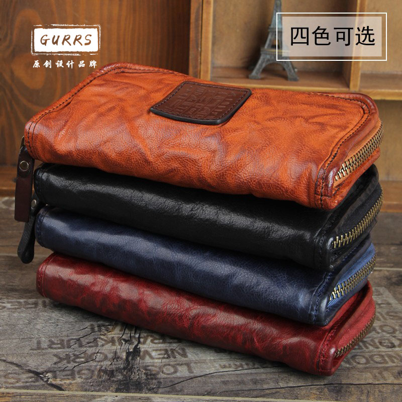 Original new retro handmade men's wallet Soft bull leather Long version mobile phone bag Bracelet Hands bag Men's Folds Wallet