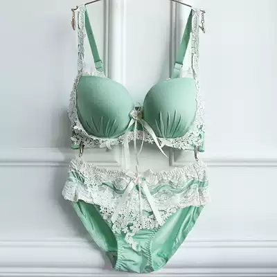 Large size underwear set thin embroidery floral lace gather set of sexy ladies deep V sexy lingerie Green