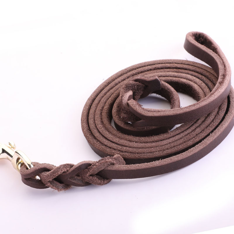 Lengthened cow leather gold wool dog necklace large and medium-sized German horse dog race traction rope genuine leather dog traction rope walking dog rope