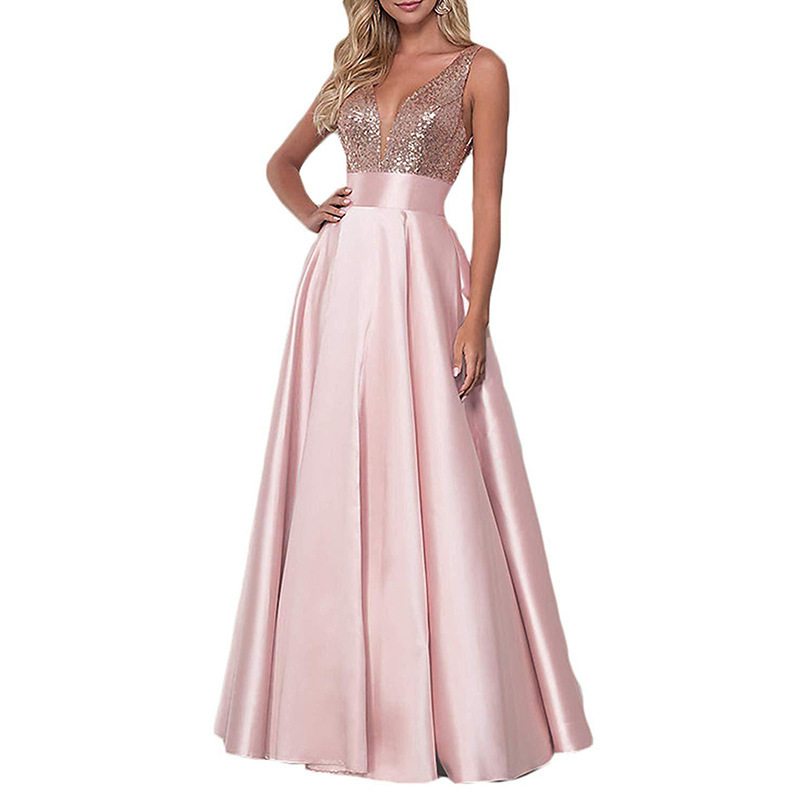 Amazon Ebay Foreign Trade Evening Dress Fashion Sequined Rose Gold Prom Dress V-Neck Backless Bridesmaid Dress for Women