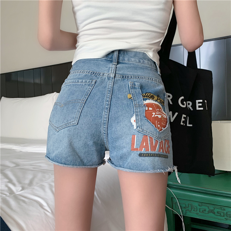 VK旗艦店 韓系高腰破洞口袋印花牛仔單品短褲