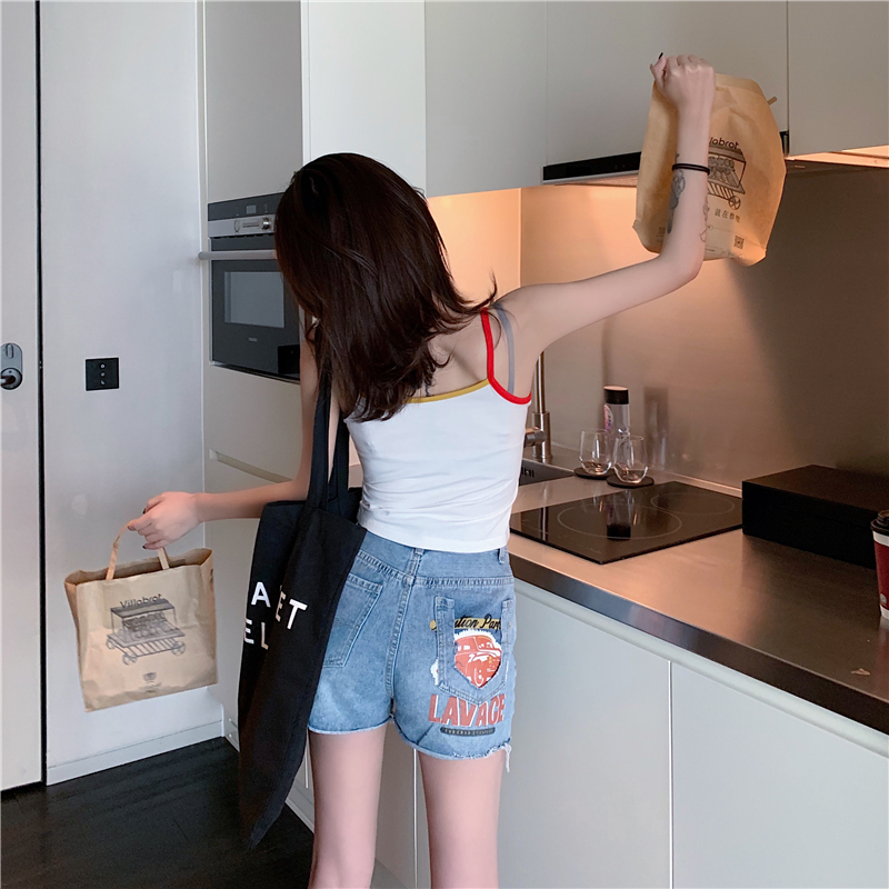VK旗艦店 韓系高腰破洞口袋印花牛仔單品短褲