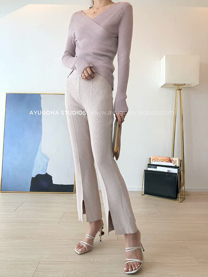 AyuGona2018 thu đông mới _ áo len cổ chữ V dài tay thon dài màu hồng len áo len khoác cardigan