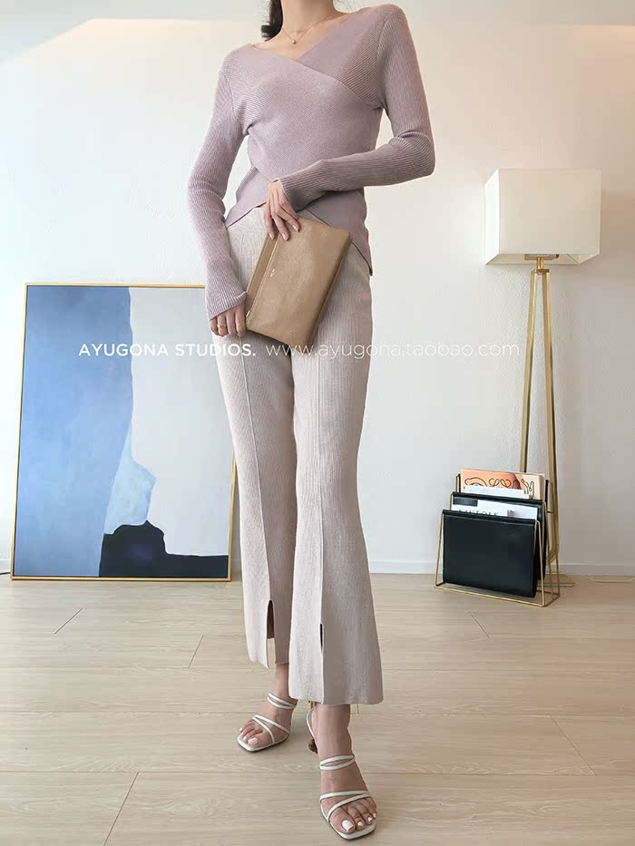AyuGona2018 thu đông mới _ áo len cổ chữ V dài tay thon dài màu hồng len áo len khoác cardigan