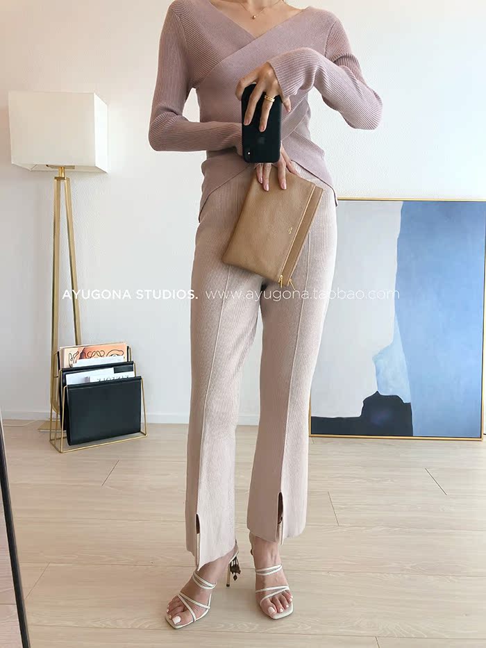 AyuGona2018 thu đông mới _ áo len cổ chữ V dài tay thon dài màu hồng len áo len khoác cardigan