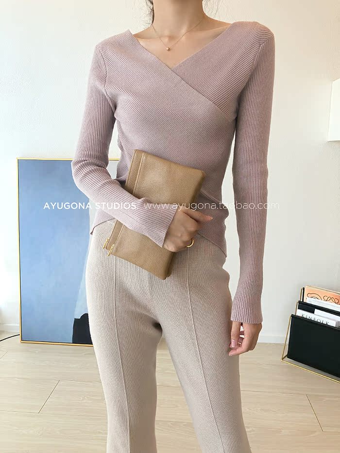 AyuGona2018 thu đông mới _ áo len cổ chữ V dài tay thon dài màu hồng len áo len khoác cardigan