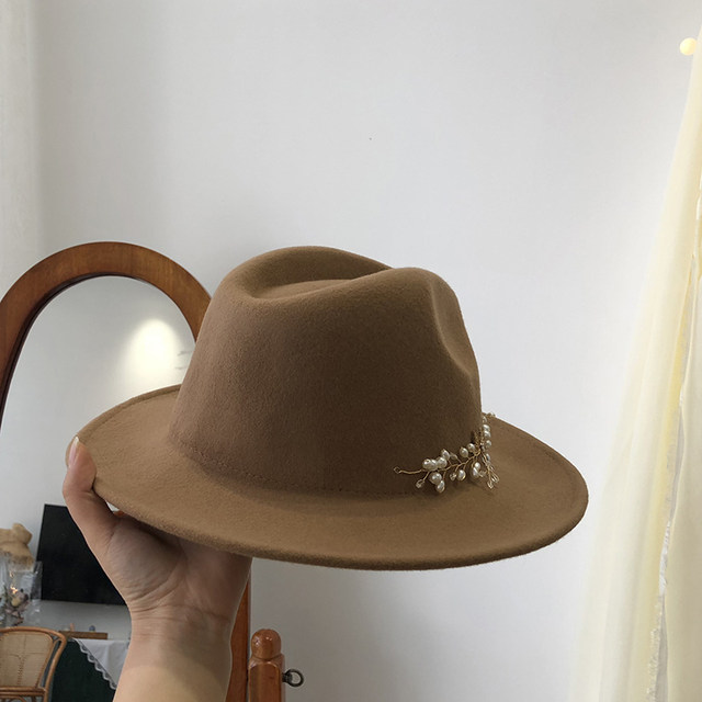 Autumn and winter wide-brimmed wool hat female retro handmade flower jazz hat British socialite woolen hat female all-match trend