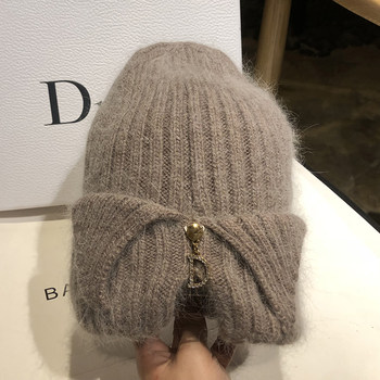 Autumn and winter warm rabbit fur zipper wool cap all-match letter earmuffs casual sweet thick knitted hat net red trend