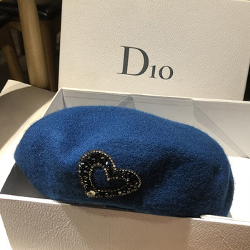 Korean wild love rhinestone beret blue wool temperament elegant pumpkin hat retro autumn and winter beret painter