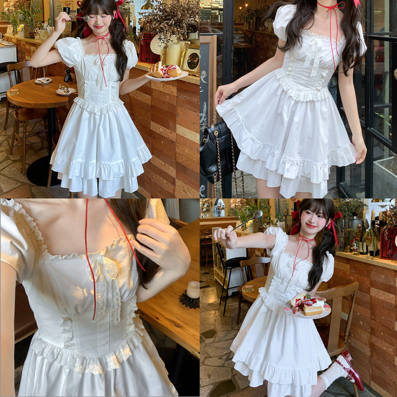 Forest Womens Tribe Original Sweet Style Square Neck Double Skirt Solid Color Bubble Sleeve Slimming Dress Summer New Female