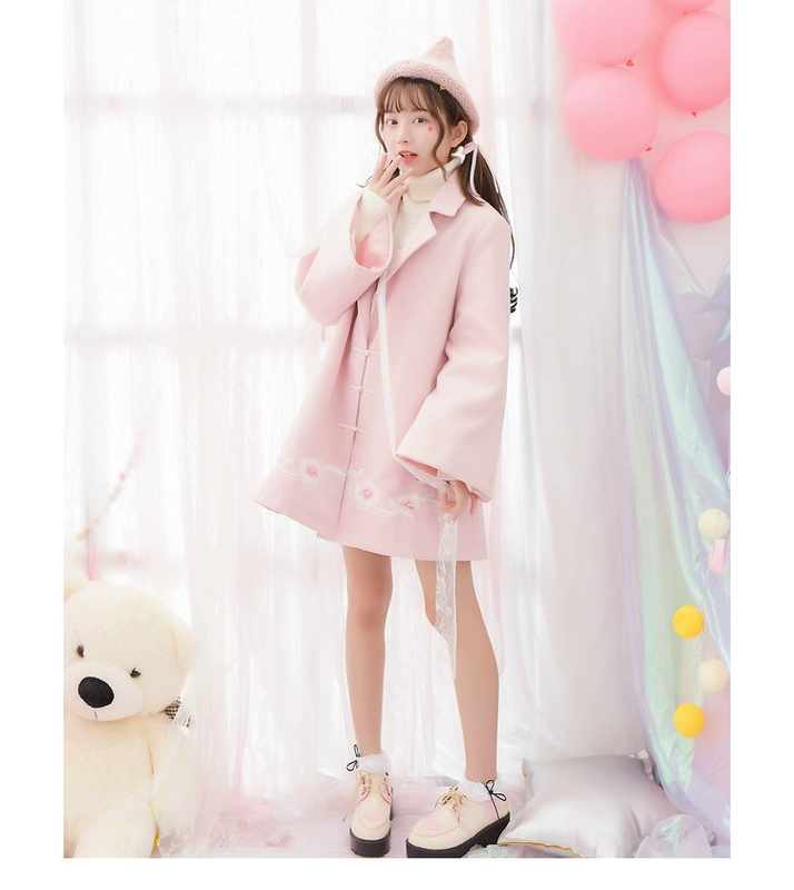 Thiết kế ban đầu Mori girl bộ lạc Furong tim mùa thu và mùa đông áo khoác len trong chiếc áo khoác len dài màu hồng mềm mại áo bomber
