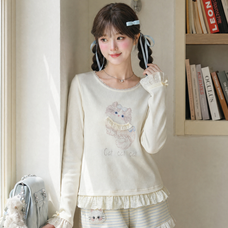 Mori Girl Tribe Sweet Style White Top for Women 2026 New Round Neck Lace Cat Print Long-Sleeved T-Shirt for Autumn