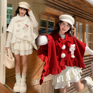 森女部落甜美风可爱猫咪设计感毛呢外套女新款斗篷显白宽松上衣秋