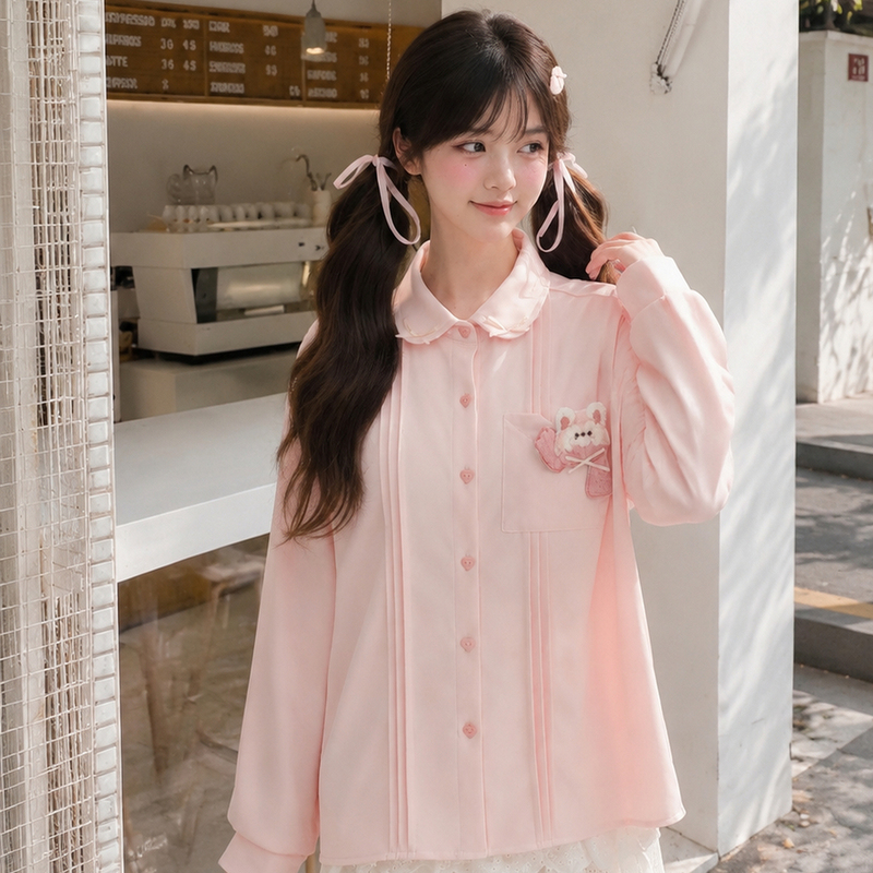 Cute Panda Embroidered Pink Shirt for Women with Heart Buttons, Loose Long-Sleeved Collared Shirt for Autumn
