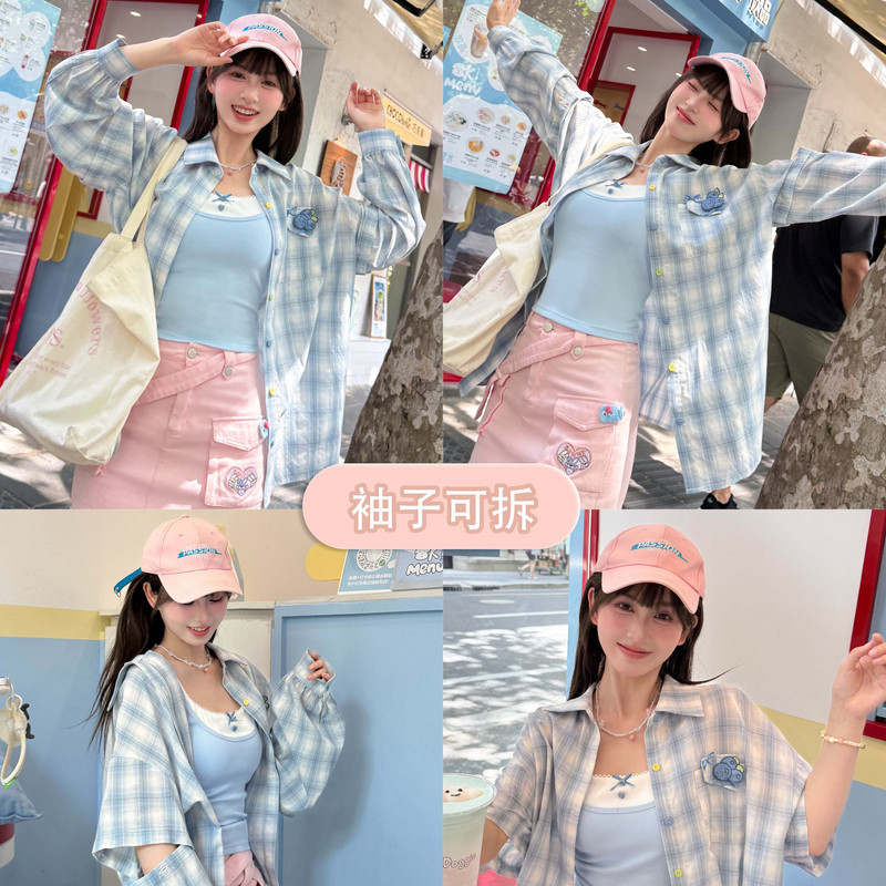 Forest girl tribe dopamine short sleeved shirt blue checkered shirt womens summer loose long sleeved shirt jacket