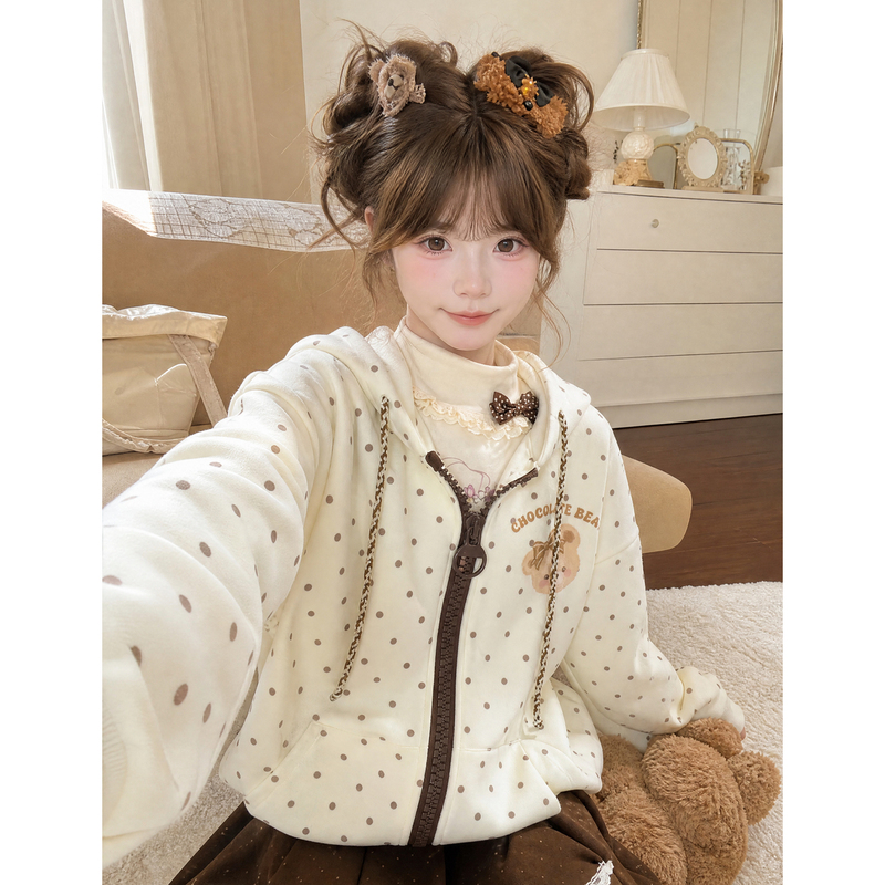 Mori Girl Tribe Cute Polka Dot Bear Hooded Jacket for Women 2026 New Zipper Design Loose Sweatshirt for Autumn Mori Girl Tribe Cute Polka Dot Bear Hooded Jacket for Women 2026 New Zipper Design Loose Sweatshirt for Autumn