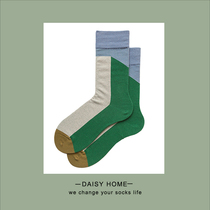 Spring and summer grass green gray blue mustard yellow geometric contrast block bucket cotton womens socks sports breathable street casual mens socks