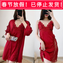 Spring and summer new sexy vacation pajamas womens suspenders lace temptation short nightdress fashion satin chiffon wedding dressing gown