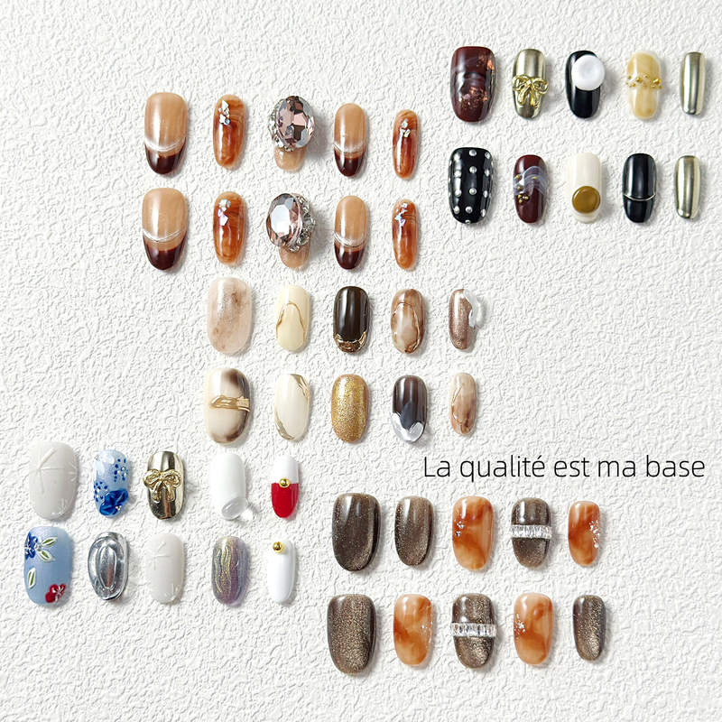 Oval Long Style Collection Handmade Press-On Nails French Cat Eye Melard Brown Smoky Gray Bow Oval Long Style Collection Handmade Press-On Nails French Cat Eye Melard Brown Smoky Gray Bow
