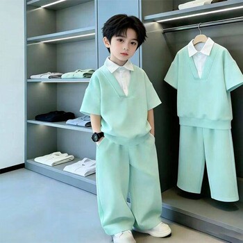 Boys summer suit pishuai 2026 ໃຫມ່ຂອງເດັກນ້ອຍສັ້ນເສອແຂນ summer ຊຸດເດັກນ້ອຍຊາຍແບບເກົາຫຼີແບບຕາເວັນຕົກ casual ສອງສິ້ນ trendy suit