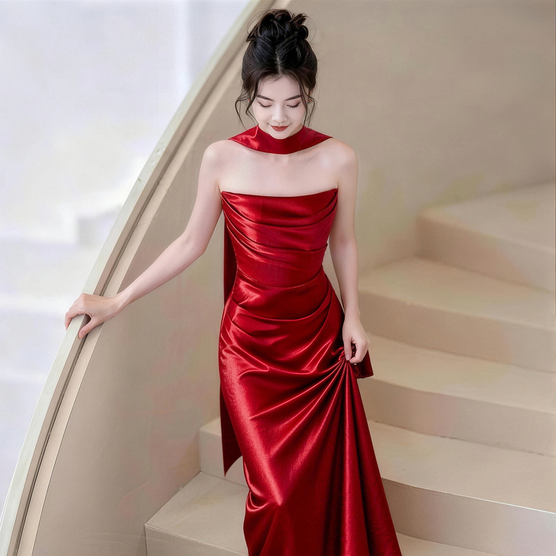 Red Strapless Bridal Wedding Toast Dress, Light Luxury Niche High-End Engagement Dress, Morning Gown, Long Dress for Women