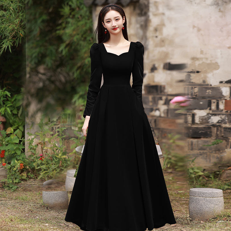 Black Evening Dress, Light Luxury, Niche, High-End, Suitable for Art Students, Birthday, Host, Long French-Style Dress, Can Be Worn Casually