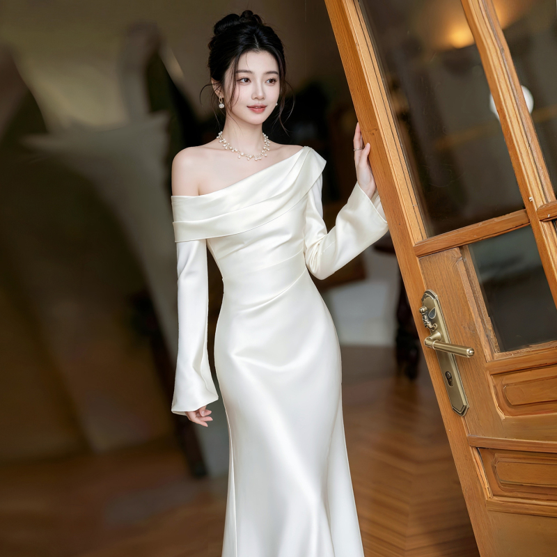 French-Style White Long-Sleeved Engagement Dress, Morning Gown, Light Wedding Dress, Stunning White Dress for Marriage Registration, Light Luxury Evening Dress French-Style White Long-Sleeved Engagement Dress, Morning Gown, Light Wedding Dress, Stunning White Dress for Marriage Registration, Light Luxury Evening Dress