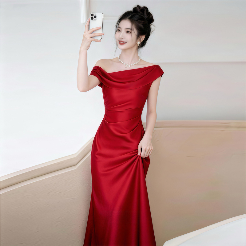 Red Engagement Dress, French-Style Off-Shoulder, Light Luxury, High-End, Niche Bride Wedding Toast Dress, Morning Gown, Evening Dress, Banquet