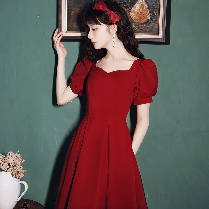 Toast clothing bride long-sleeved wine red small man wedding engagement evening dress female dress winter usually wearable