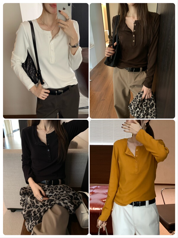Minimalist and Stylish Solid Color Henry Collar Half-Buttoned Base Shirt, Enhances the Neck, Can Be Worn Alone or as an Inner Layer