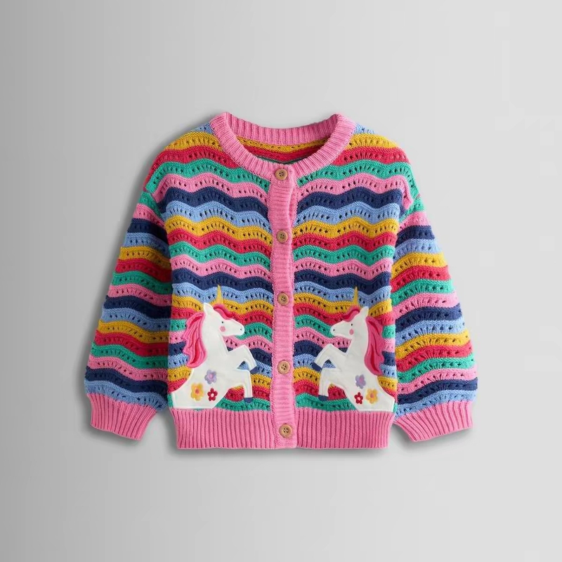 2-7t English Style Jojo Girls' Rainbow Unicorn Hollow Wave Pure Cotton Knitted Cardigan 2-7t English Style Jojo Girls' Rainbow Unicorn Hollow Wave Pure Cotton Knitted Cardigan