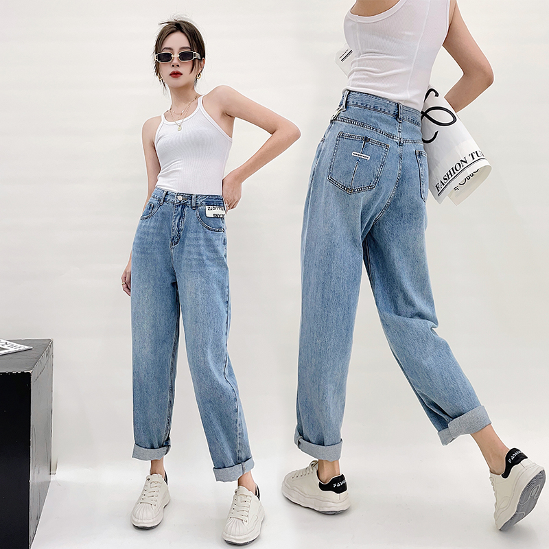 Net Red Light Blue High Waist Harren Jeans Woman 2022 Chun Pre-letter Loose Explicit slim Broadlegged Old Daddy Pants